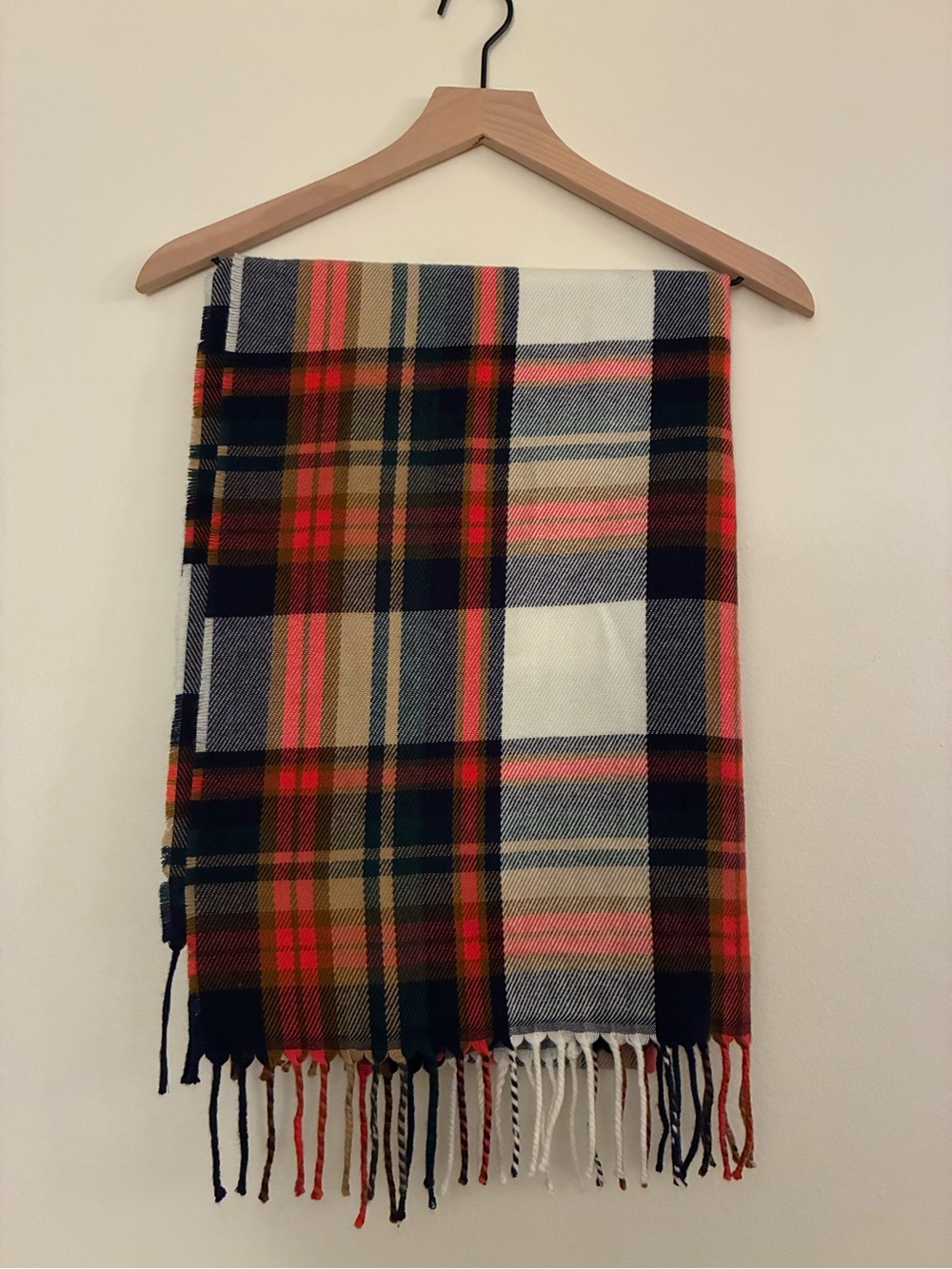J.Crew Plaid Tartan Fringe Scarf Navy Red Cream